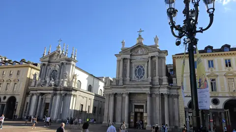 The twin churches at the end of the square.